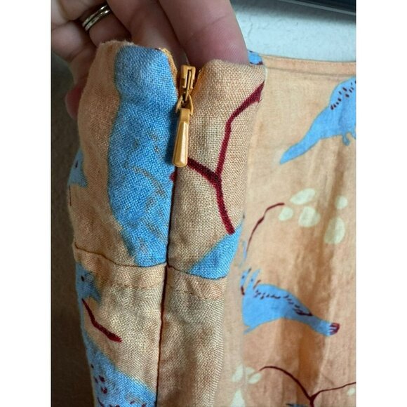 Anthropologie Meadow Rue Skirt Size 14 Linen Knee Length Peach Blue Bird A Line - Picture 6 of 9